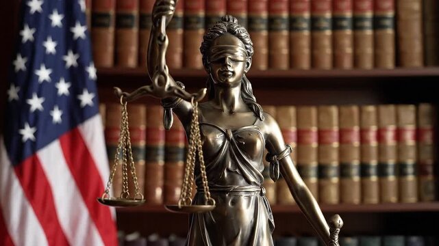 Statue of Lady Justice holding scales with an American flag and rows of books in the background