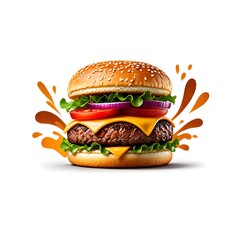 Delicious cheeseburger with fresh toppings isolated on white background for menu ads