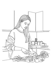 A woman with long, straight hair is preparing a fresh and healthy meal on her kitchen counter.