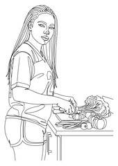 A woman with braided hair wearing a jersey is slicing vegetables on a cutting board in her kitchen.