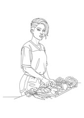 A woman with a short, modern haircut is preparing a healthy meal with various fresh vegetables.