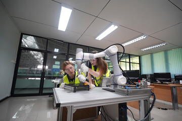 Two technicians assist a robotic arm in a modern workspace during a training session
