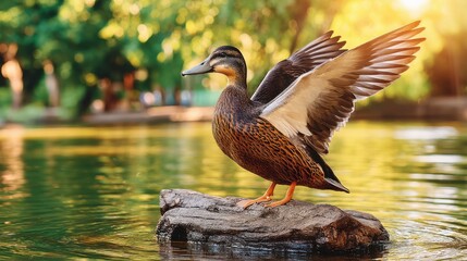 Obraz premium Woman duck stretching wings on a rock in a pond during sunset