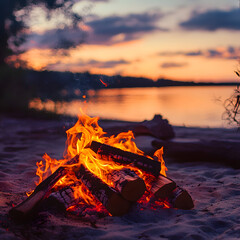 Campfire on beach at sunset with burning flames and serene evening sky