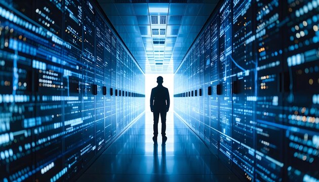Person Walking Through Server Room Data Center