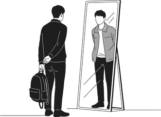 Man standing before a mirror holding a backpack in black and white art