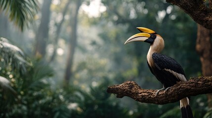 Fototapeta premium hornbill with large yellow and black casque sits perched on mossy tree branch in misty jungle setting