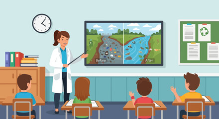 Teacher Explaining River Cleaning Process to Students in Classroom