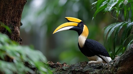 Fototapeta premium Great hornbill bird with yellow casque perched on mossy tree branch amidst lush green foliage