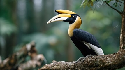 Obraz premium great hornbill perches on tree branch in lush green forest bird wildlife