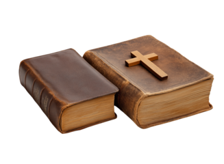 Two Bible books with a cross isolated on a transparent background in PNG format.