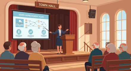 Woman Presents River Improvement Plan At A Local Town Hall Meeting