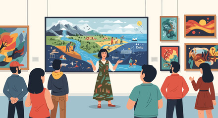 Art Gallery Tour Visitors Admiring Nature Themed Paintings And Listening Guide