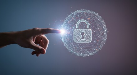 Secure Future - Cybersecurity, data protection, network safety, online privacy, identity. A hand reaches toward a glowing lock symbolizing secure access and future-proof technology