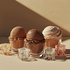 Three scoops of gourmet ice cream flavors served in clear glass cups with decorative ice cubes