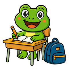 Cute cartoon frog student writing in notebook at school desk with backpack – vector illustration