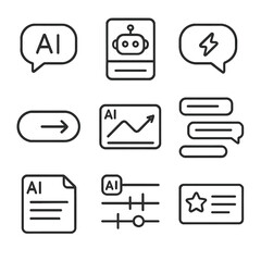 AI UI Icons Collection. Line style icons of AI-assisted UI: chat AI icon, assistant bot card, auto-reply bubble, suggested action
