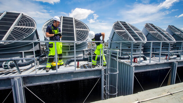Technicians performing maintenance on industrial cooling systems at a rooftop facility