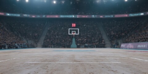 Basketball court with a basketball hoop and a crowd of people watching