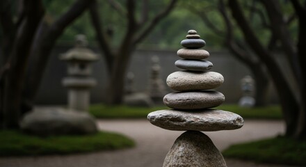 Obraz premium Serene Stone Pyramid: Zen Garden Balance - Balanced stones symbolize peace, mindfulness, stability, nature, and spiritual growth in a tranquil garden setting