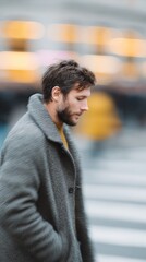 Man in a gray coat is walking across a crosswalk