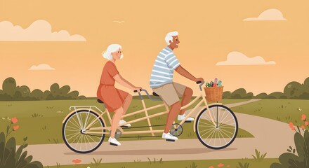 Obraz premium Elderly Couple Riding Tandem Bicycle in Park Illustration