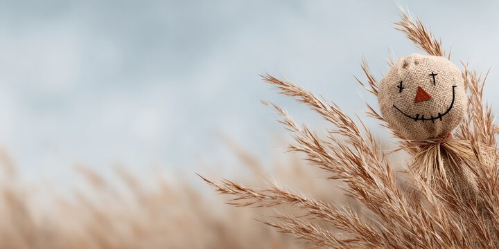 Scarecrow with a smile on its face stands in a field of tall grass