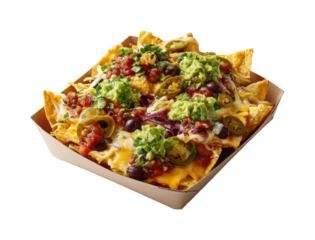 Delicious nachos with fresh toppings restaurant food bright isolated on transparent background, png