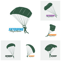 Set of Skydiving logo design vector. Silhouette Skydiving Player Template Illustration