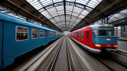 Naklejka premium High-speed train moving through a modern train station with a glass roof and metal framework