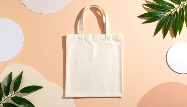 Blank Canvas Tote Bag Mockup Design with Tropical Leaves and Circles