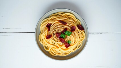carbonara creamy top view bacon rustic parmesan spaghetti Italian food copy space pasta
