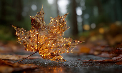 Maple leaf with golden integrated circuit on blurred autumn park background. Autumn decor and computer simulation concept. Close-up surreal illustration for poster, banner