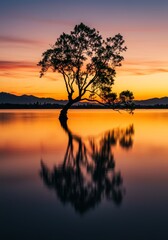 Naklejka premium Sunset Tree Reflection - Solitary tree silhouetted against a vibrant sunset, perfectly reflected in calm water. Serene nature scene