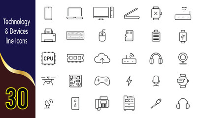 Clean Line Art Technology and Digital Device Icons, Including Laptop, Camera, VR, Drone, and More