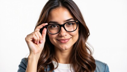 Obraz premium A young Hispanic woman with long brown hair wearing glasses smiles while adjusting her glasses. She has a friendly expression and is dressed casually.
