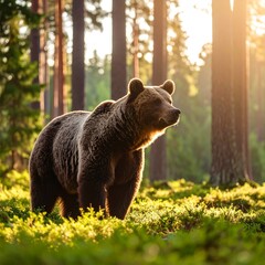 Fototapeta premium Brown bear in forest at sunset
