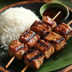 Deliciously grilled pork skewers served with fluffy white rice and a side of dipping sauce