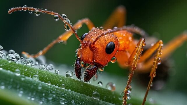Close-up macro image of an ant covered in water droplets, perched on a blade of grass