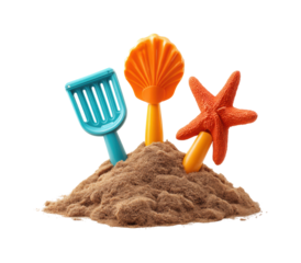 Creative beach playtime with colorful toys sand dunes fun environment isolated on transparent background, png