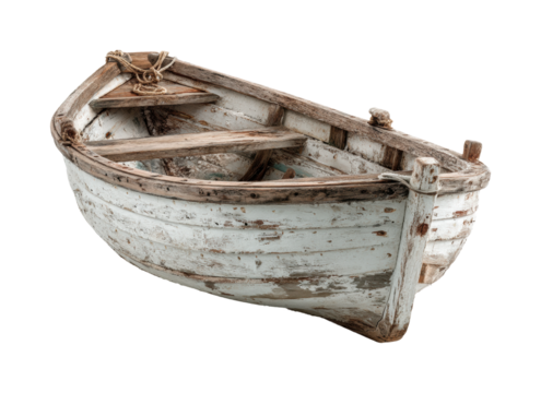 Abandoned boat on shore coastal area rustic isolated on transparent background, png