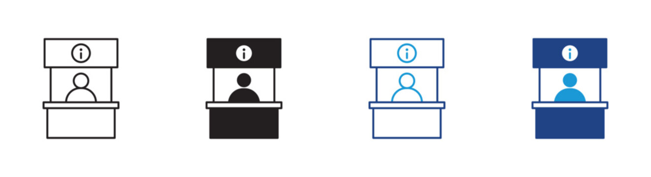information booth icons with people and info symbols in outline and flat style , help desk customer service assistance point tourist guide booth support center icon , vector illustration .
