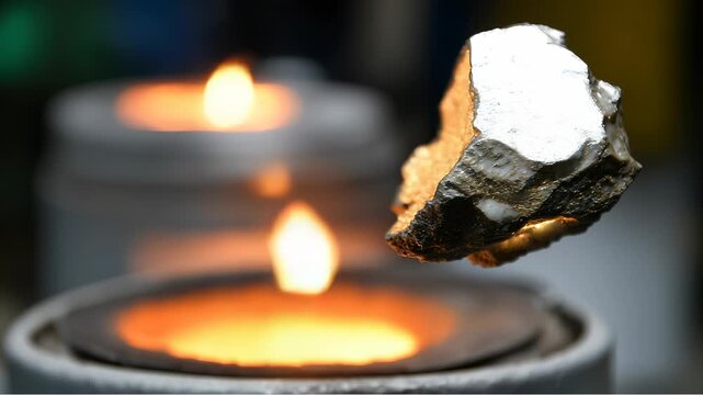 Flying cracked stone with glowing fissures above furnace opening	