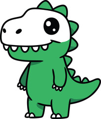Cute green cartoon dinosaur character with big eyes and friendly smile in vector illustration style 