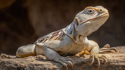  A macro of a lizard on a stone with a boulder in the foreground and a cavern in the background