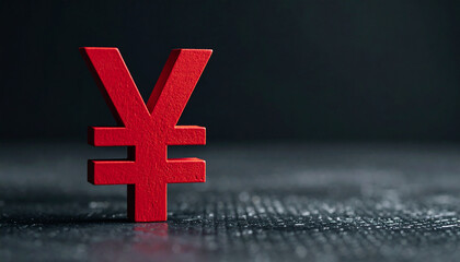 Red yen symbol stands on metal surface. Japanese economy. Wealth, currency and investment.