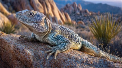 Fototapeta premium Close-up of a lizard on a rock with a mountain in the background and a cactus in front