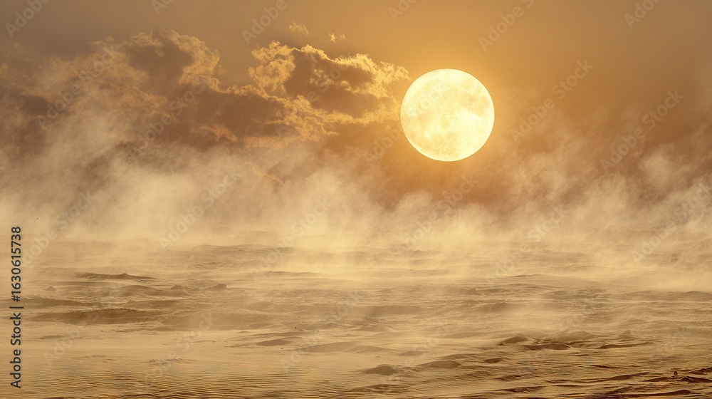Wall mural the sun is setting over the ocean on a foggy day a boat is visible in the foreground while clouds ar