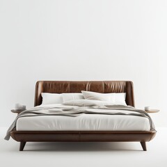 Obraz premium Luxurious brown leather upholstered bed with plush white bedding and a cozy throw blanket