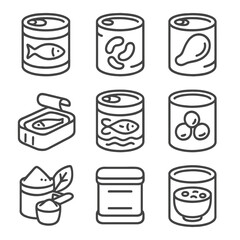 Canned Protein Icons. Line style icons of Canned Protein Foods: canned tuna, canned beans, chicken breast can, sardine tin, salmon